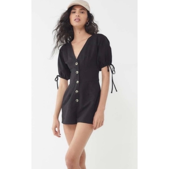 Urban Outfitters Black Linen Blend Lily Button Front Romper S - Picture 1 of 8